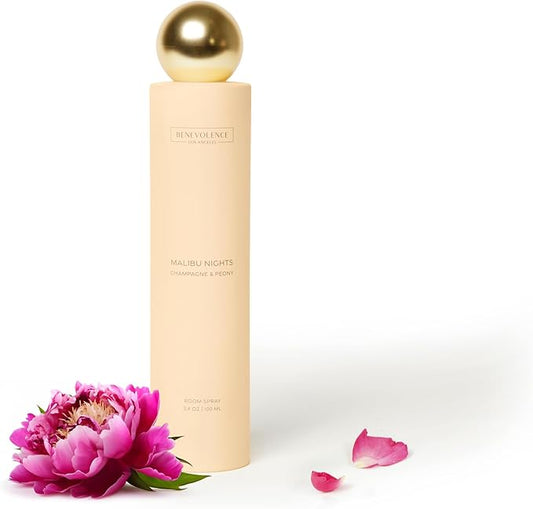Benevolence LA Malibu Nights Room Spray | Champagne & Peony | 3.4oz | Versatile Home Fragrance, Pillow & Linen Spray | Low VOC, No Alcohol | Malibu Sands Collection