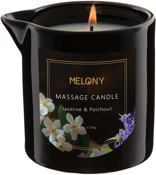 MELONY Luxury Massage Candle - Moisturising, Body Oil Candles for Muscle Relaxation, Home Spa, 8.1OZ (Jasmine & Patchouli)
