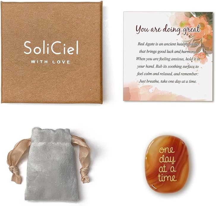 SOLICIEL One Day at A Time Agate Healing Crystal, Thinking of You Gifts for Him for Her Anxiety Relief Items You Got This Sobriety Gifts Inspirational for Best Friend for Women Men