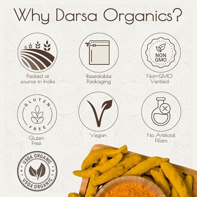 Darsa Organics Turmeric Root (Cut & Sifted) 16 oz, Premium Grade USDA Organic Curcuma longa, Great for Teas, Smoothies, Pickling & Golden Milk, Non-GMO, Gluten-Free, Vegan, Kosher