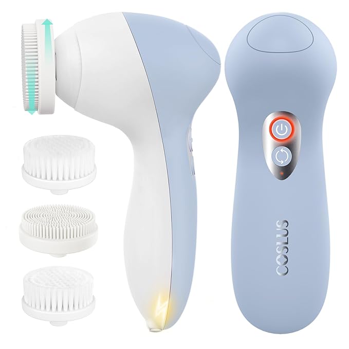 COSLUS Powered Facial Cleansing Brush: Rechargeable Electric Face Cleanser for Sensitive & Acne-Prone Skin, 3 Brush Heads, 3 Speeds, 2-Direction Rotation, for Men Women IPX7, Deep Cleaning Blue