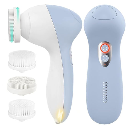 COSLUS Powered Facial Cleansing Brush: Rechargeable Electric Face Cleanser for Sensitive & Acne-Prone Skin, 3 Brush Heads, 3 Speeds, 2-Direction Rotation, for Men Women IPX7, Deep Cleaning Blue