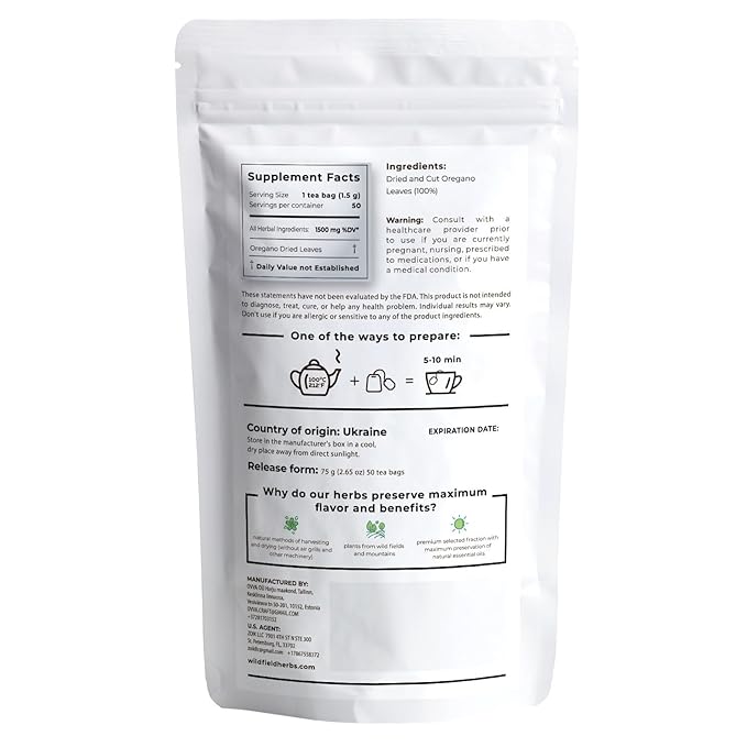 50 Bags Oregano Tea Dried Oregano Leaves Herbal Tea Bag (Origanum Vulgare L.) - 50 Count 1.5g Bags Dry Égano Leaf Herb