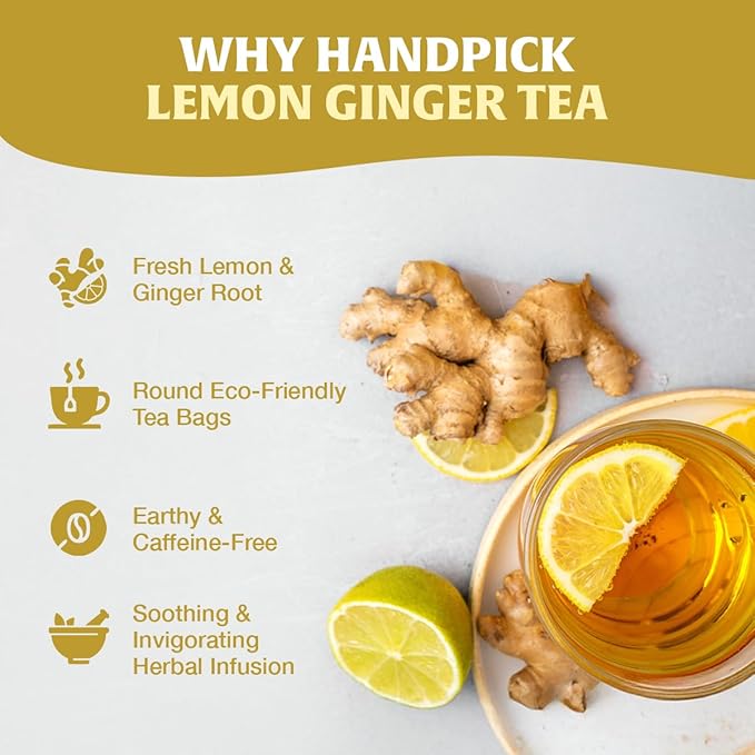 HANDPICK, Lemon Ginger Herbal Tea - 100 Pyramid Tea Bags | 100% Natural Ingredients, Tasty & Citrusy Hand-made Blend of Lemon & Ginger | Caffeine Free, Gluten Free | No Artificial Ingredients