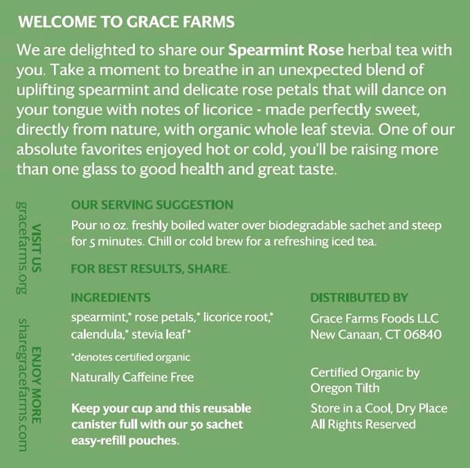 Grace Farms Organic SPEARMINT ROSE Herbal Tea (16 Pyramid Sachets) | Naturally Sweet, Stress Relieving and Caffeine Free | Organic, Fair Trade and Kosher Certified | Delicious Iced Tea | Gives Back 100% of Profits