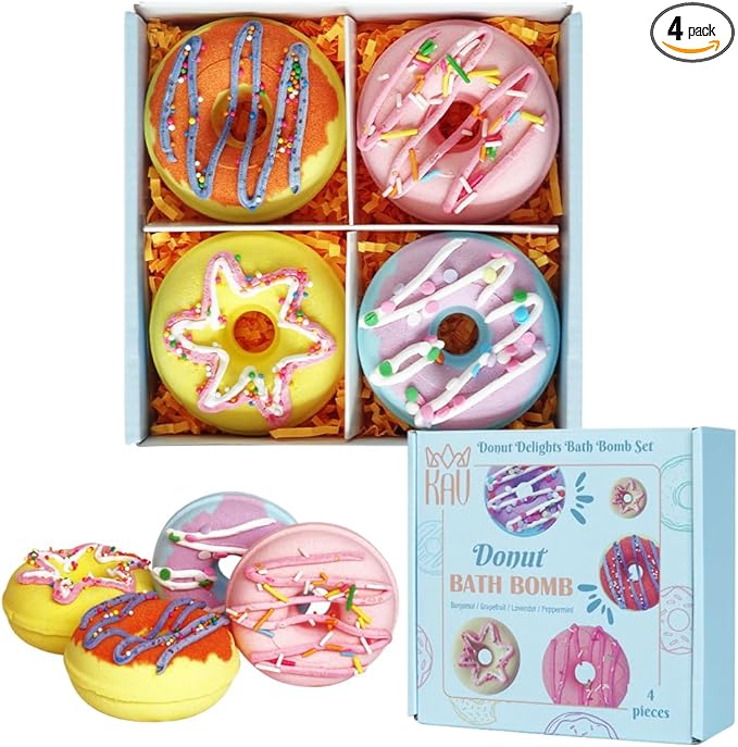 KAV Donut Bath Bombs Gift Set – 4 Piece Handmade Organic Bath Bomb Kit with Essential Oils – Relaxation Spa Gift for Women, Men, Teens, Kids – Self Care & Aromatherapy Soak