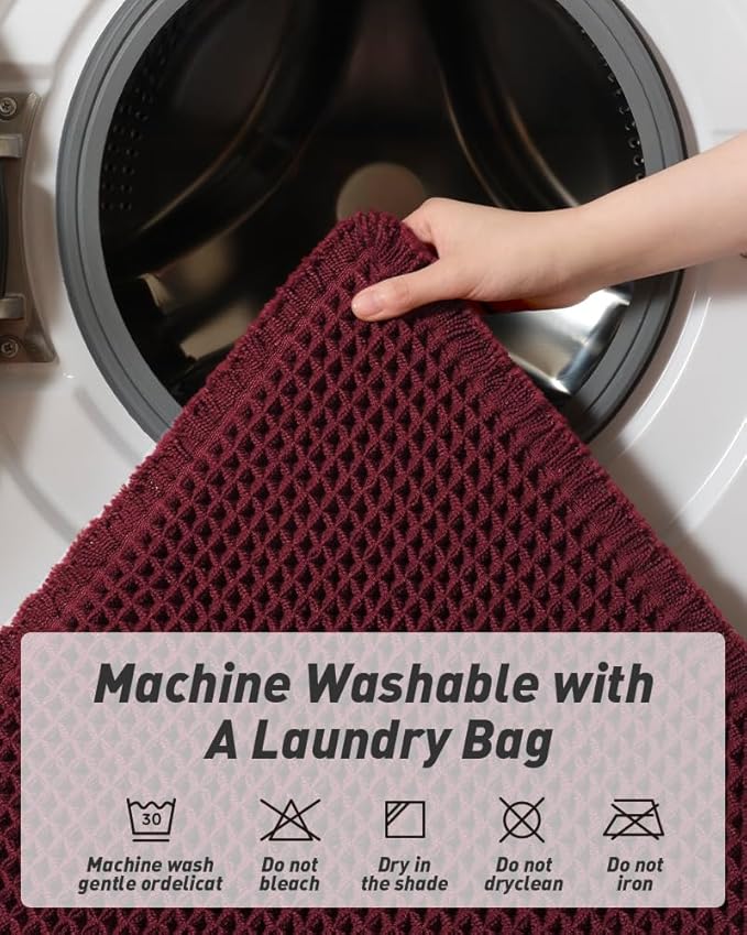 AMOAMI Upgraded Waffle Bath Mat, Super Absorbent Non Slip Bath Mats for Bathroom Floor, Machine Washable Bathroom Rugs with Tassels, Rubber Backed Bathroom Mats, Ultra Soft, 20" x 32", Burgundy