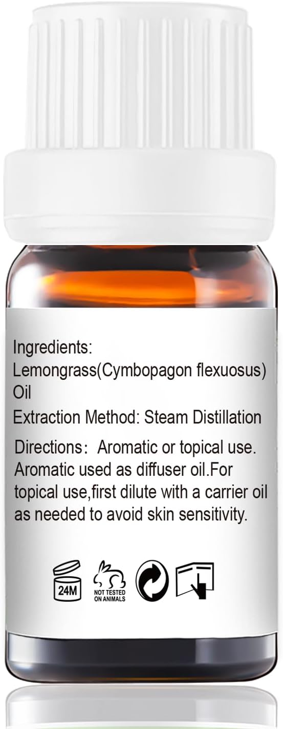 Lemongrass Essential Oil - Pure Organic Lemongrass Oil for Diffuser, Spray, Skin & Hair Care, Massage, DIY Candles & Soap, Perfume, Body Wash - 10mL
