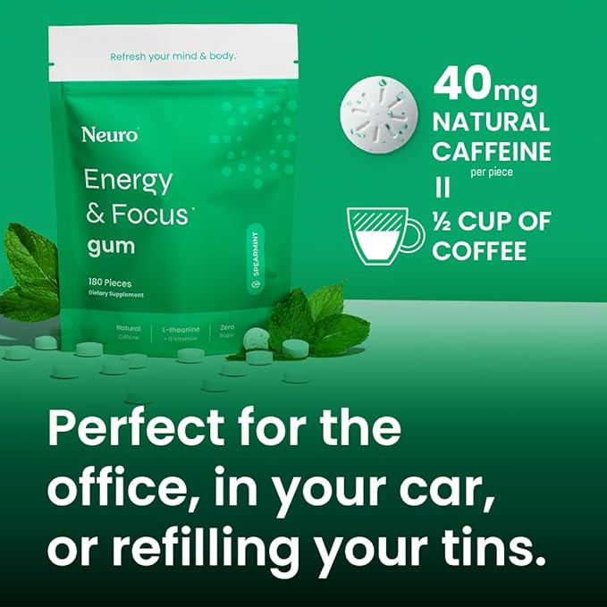 NeuroGum Energy & Focus Gum (90 Count Bag, Spearmint) | 40mg Natural Caffeine + L-Theanine + Vitamin B12 & B6 + Xylitol | Sugar Free Nootropic Cognitive Brain Performance Supplement