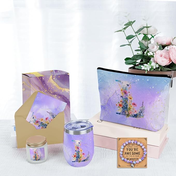 Personalized Gifts Monogrammed Birthday Gifts for Women, Mama New Mom Thanksgiving Wedding Christmas Initial Wine Tumbler Makeup Bag Scented Candle Bracelet Set, (Aesthetic Purple Flower L)