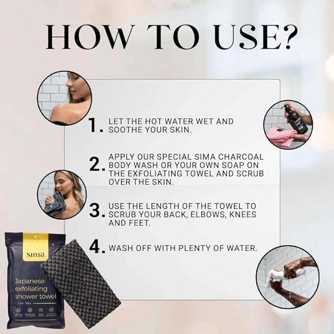 Exfoliating Washcloth Face & Body Scrub Towel - Japanese Exfoliating Towel with Hexagon Fibers, Body Scrubber with 2 Sides for Scrubbing & Washing, Extra Long Body Towel (Black)