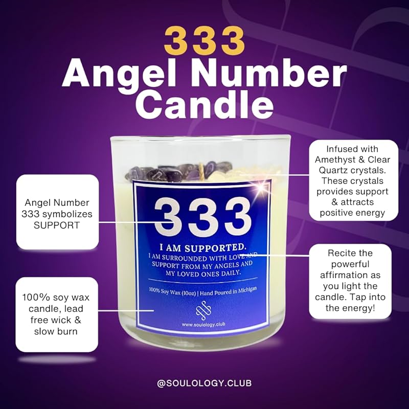 333 Angel Number Candle, 10oz, Crystal candle, 100% Soy Wax & Phthalate-Free Fragrance candles, Gifts candles for women, Angel Number Gift, Healing Candle, Spiritual Candle