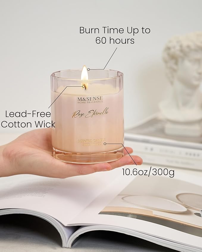 M&SENSE Rose Scented Candles for Home - 10.6oz 60 Hours Burn Natural Soy Wax Flower Scent for Girlfriend, Aromatherapy Candle for Relaxing Meditation Yoga Spa