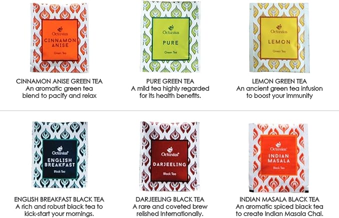 Octavius Tea Variety Pack | 6 Assorted Black & Green Teas | 25 Teabags | Tea Sampler Pack | Pack of 2