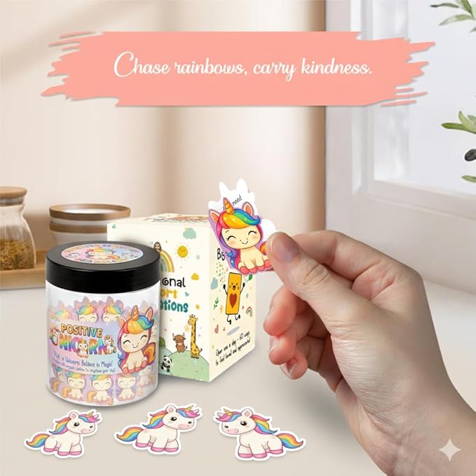 Positive Unicorn Jar with 60 Daily Affirmation Cards, Emotional Support Unicorn Gifts for Women, Stress Relief, Unicorn Birthday Gift, Unicorn Decor, Unicorn Girls Gifts, Unicorn Accessories