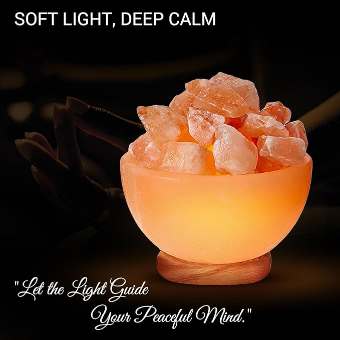 Himalayan Glow Massage Bowl Lamp with Natural Salt Crystal Chunks, Dimmer Cord with Classic Wood Base - Natural Crystal Salt Lamp with Mood Lightening and Night Light