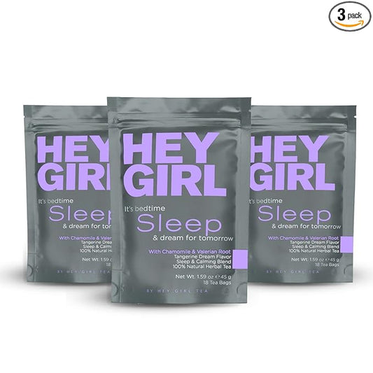 Hey Girl Sleep Tea - Natural Herbal Bedtime Tea Bags with Chamomile, Passion Flower, Valerian Root, Lemon Balm - Calming, Relaxing Adults Sleepy Night Time Tea - Relaxation Gifts for Women 3-packs