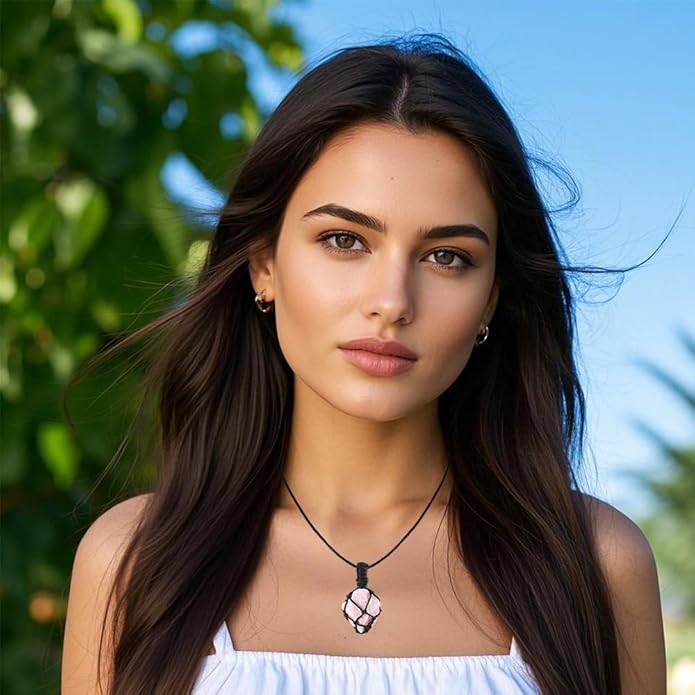 Handmade Natural Gemstone Crystal Pendant Necklace Stone Holder Necklace Cord Net Necklace with Adjustable Length for Women Men