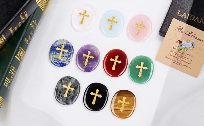 LAIDANLA Amethyst Cross Engraved Healing Crystal Worry Stones for Pray Faith Anxiety Relief Oval Palm Stone Polished Natural Crystal Gifts