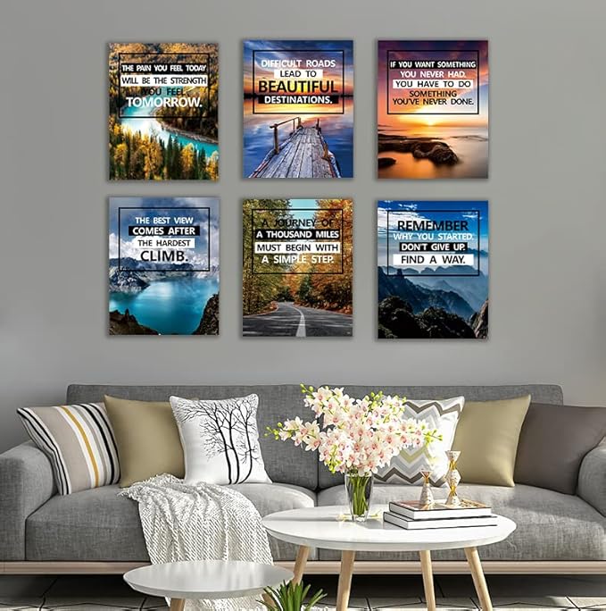 Inspirational Canvas Decoration Painting, landscape Canvas Wall Art，Suitable for Library, School, Gym,Office， Living Room Decor,6-Pack，Tabletop/Hanging(29 x 38cm) Framed