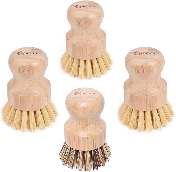Bamboo Dish Brush Set 4-Pack, Eco Potato Scrubber, Kitchen Brush Environmental Protection and Durable, Bamboo Dish Scrubber for Cleaning Pots, Pans, Grills and Stoves
