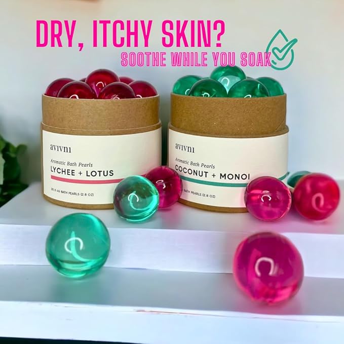 Avivni Bath Oil Beads- Lychee Lotus & Coconut Monoi Bath Pearls (2 Pack Variety- 15 Pearls Each), Mothers Day Gift Idea
