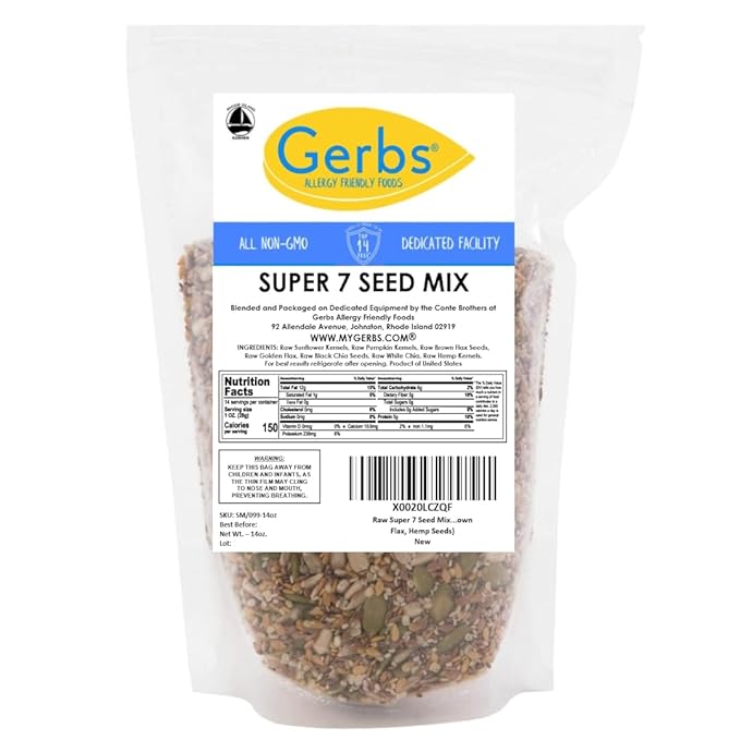 Gerbs Super 7 Seed Snack Mix 14 oz. | Raw, No Additives, Resealable Bag | Crunchy Pumpkin, Sunflower, Brown & Golden Flax, Black & White Chia, Hemp | Top 14 Allergen-Free