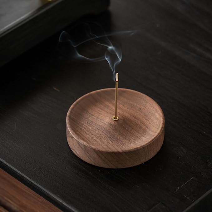 Black Walnut Incense Holder for Sticks - Round Wooden Incense Burner Tray, Handcrafted Natural Aroma Diffuser Bowl with Minimalist Design