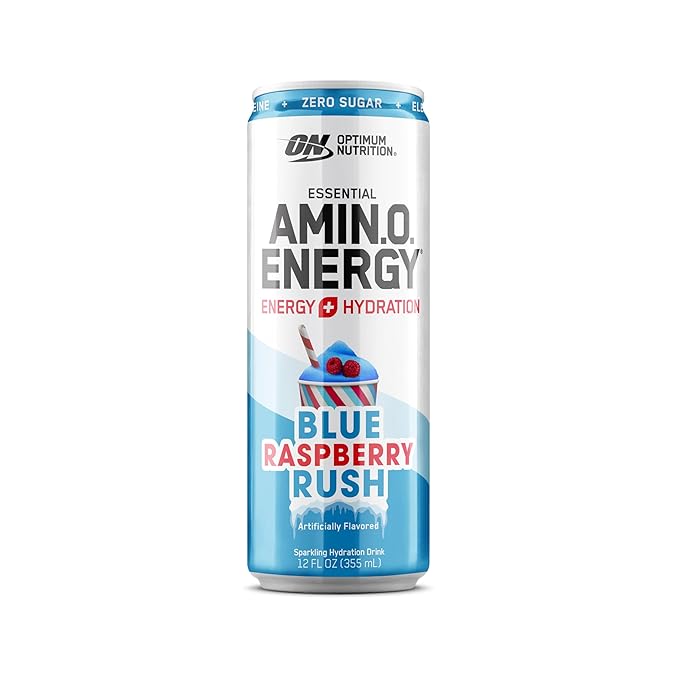 Optimum Nutrition Amino Energy Sparkling Hydration Drink, Electrolytes, Caffeine, Amino Acids, BCAAs, Sugar Free, NEW Blue Raspberry Rush, 12 Fl Oz, 12 Pack (Packaging May Vary)