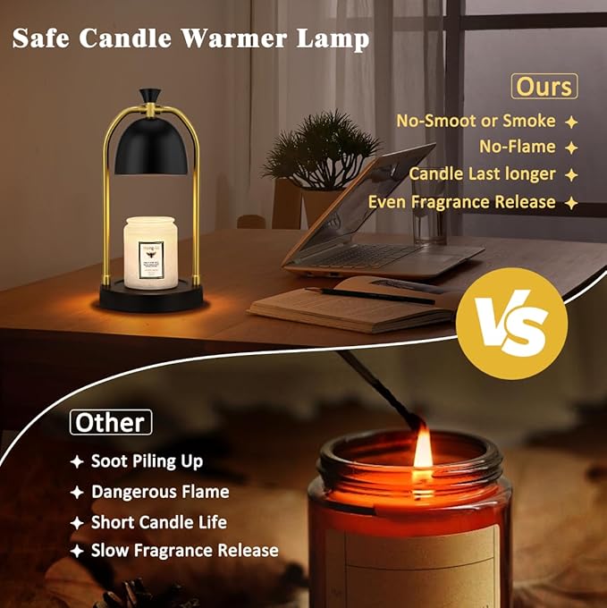 Hong-in Candle Warmer Lamp - with Timer & Dimmable, Cozy Birthday Gift for Women Mom, Modern Home Decor House Warming Gifts Wax Melt Warmer for Jar Candles with 2 Bulbs (Black)