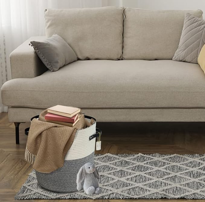 Cotton rope Storage Basket with Zipper cover & Woven baskets with Lid for Books, Blankets, hats, jackets，Multi-Purpose Storage Basket for Living Room,Christmas gifts. 14x13inches(Grey+White)