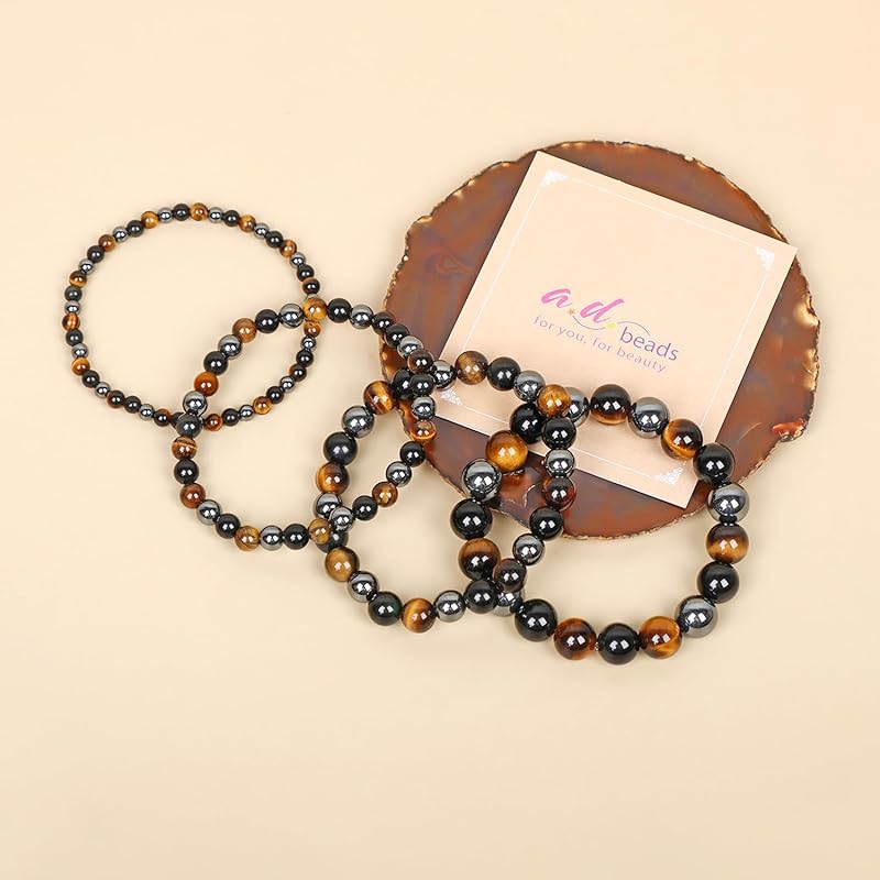 AD Beads Handmade Gemstone Stretch Elastic Bracelet Crystal Healing Reiki Nature's Beauty and Spiritual Essence Unisex (10mm, Triple Protection (Strong Protect))
