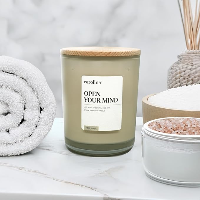 Carolina Open Your Mind Scented Candle, 16 oz Sandalwood & Amber Scented, 2 Wick Wellness Relaxing Candle, 60H Burn Time, Ideal for Creating a Welcoming Home - Made in The USA