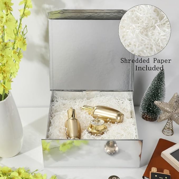 6 Pcs Silver Gift Boxes - Large 13x11x5.3 Inch - Modern Style - Magnetic Lids - Crinkle Paper - Luxury Gift Boxes for Presents
