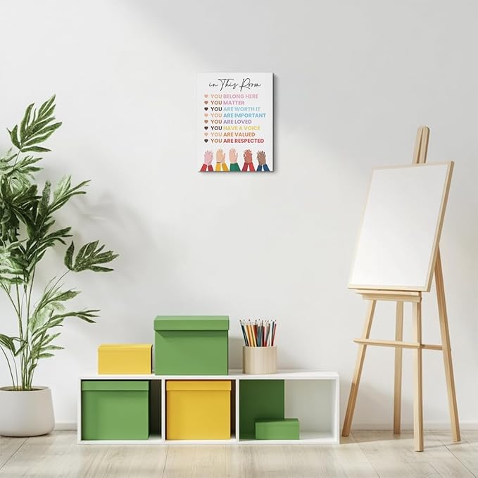 Inspirational Diversity Wall Art in This Room Watercolor Canvas Painting Prints for Classroom Nursery Home Living Bedroom Office Wall Decor Framed Equality Artwork Gifts