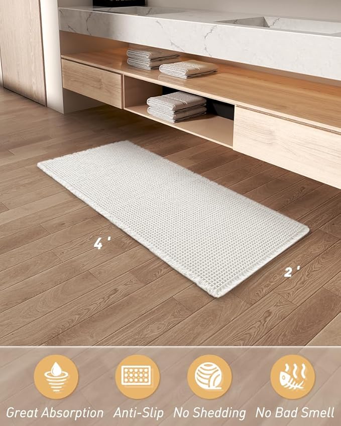 AMOAMI Waffle Runner Rug Super Absorbent Non Slip Bath Mats for Bathroom Floor, Machine Washable Boho Bathroom Runner Rug with Tassels, Ideal for Hallway Bedroom Laundry Room, 2'x 4'