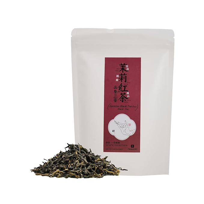 iTeaworld Jasmine Black Tea Loose Leaf, Yunnan High Mountain Black Tea, Scented with Fresh Jasmine Flowers, Rich Floral Aroma, Pure Leaves Without Sugar, No Additive, 1 Bag, 3.52oz