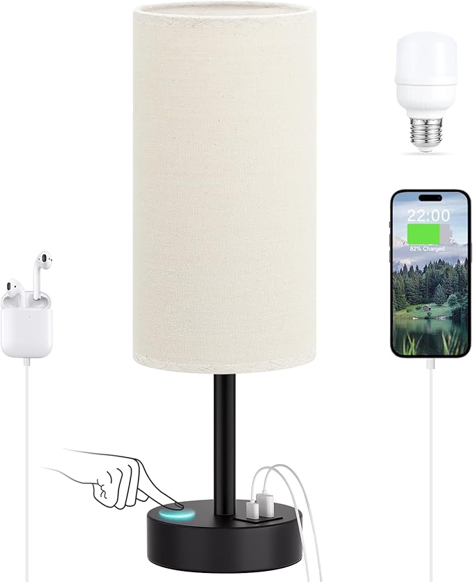 Beige Touch Lamp for Bedroom with USB - 3 Way Dimmable Table Lamp for Nightstand, Small Lamp with Black Charging Station for Desk Dorm, Office, Nursery