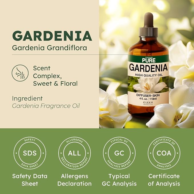KUKKA Gardenia Essential Oils - 4 Fl Oz - for Hair, Skin, Diffuser, Aromatherapy & DIY Soap Making Scent
