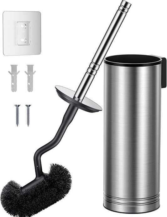 HAMITOR Toilet Brush and Holder Set: 304 Stainless Steel Heavy Duty Bowl Cleaner Brush - Deep Cleaning Under Rim Curved Bristle - Space Saving Wall-Mounted for Home RV Bathroom Accessories Silver