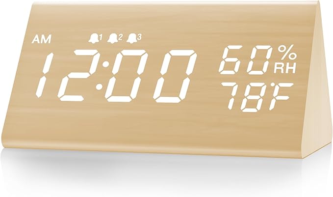 JALL Digital Alarm Clock, with Wooden Electronic LED Time Display, 3 Alarm Settings, Humidity & Temperature Detect, Wood Made Electric Clocks for Bedroom, Bedside (Yellow)