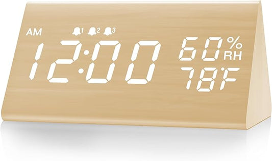 JALL Digital Alarm Clock, with Wooden Electronic LED Time Display, 3 Alarm Settings, Humidity & Temperature Detect, Wood Made Electric Clocks for Bedroom, Bedside (Yellow)