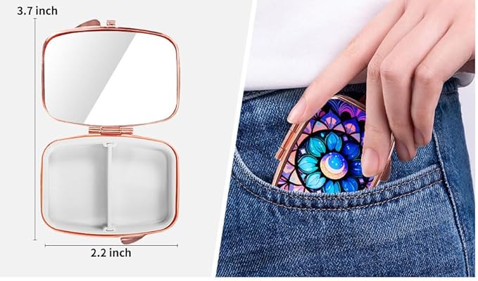 Dynippy Pill Case Pill Box with Mirror Retro Pocket 2 Compartment Medicine Case Vitamin Pill Organizer for Pocket Purse and Travel (Rose Gold-Moon Flower)
