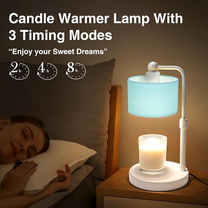 Candle Warmer Lamp with Timer, Dimmable Candle Wax Warmer, Height Adjustable Electric Candle Lamp Warmer with 2 Bulbs, Gifts Idea for Women Her, Mom, Vintage Home Decor for Bedroom-Blue