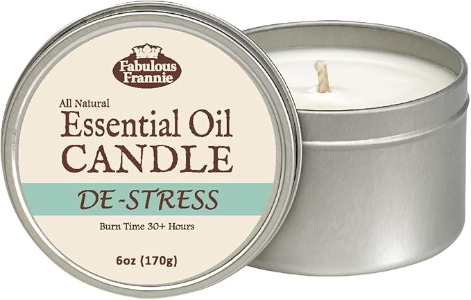 Fabulous Frannie De-Stress Aromatherapy All-Natural Soy Candles Cotton Wick High Pure Essential Oil Scent 40 Hours Burn Time Gift for Women & Men 6 Ounce (Pack of 1)