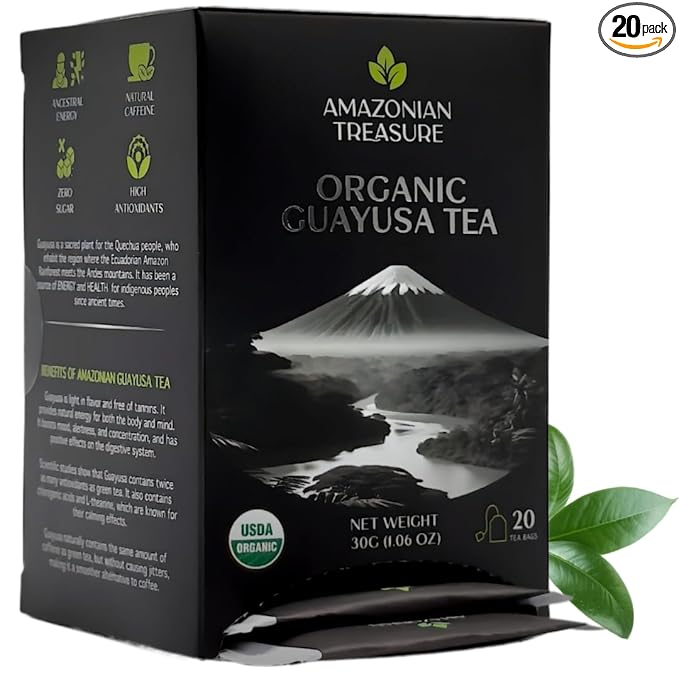 Amazonian Treasure, Organic Guayusa Tea Bags - 20 Count Box, Smooth Beverage Option, 50mg Caffeine Content, Premium Selection, Enhanced Experience Blend.