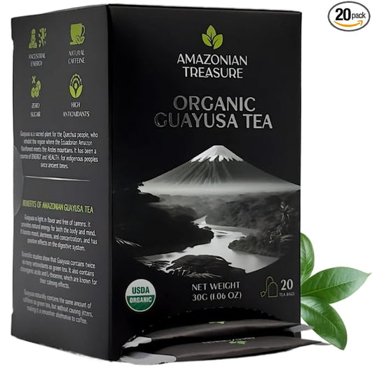 Amazonian Treasure, Organic Guayusa Tea Bags - 20 Count Box, Smooth Beverage Option, 50mg Caffeine Content, Premium Selection, Enhanced Experience Blend.