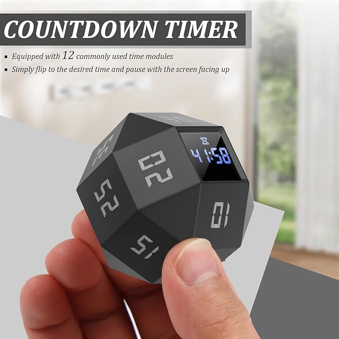 Flip Gravity Timer - 12-Side Time Management Cube with Preset Intervals, Silent Productivity Tool for Office, Study & Gym, Portable Focus Timer (Black)