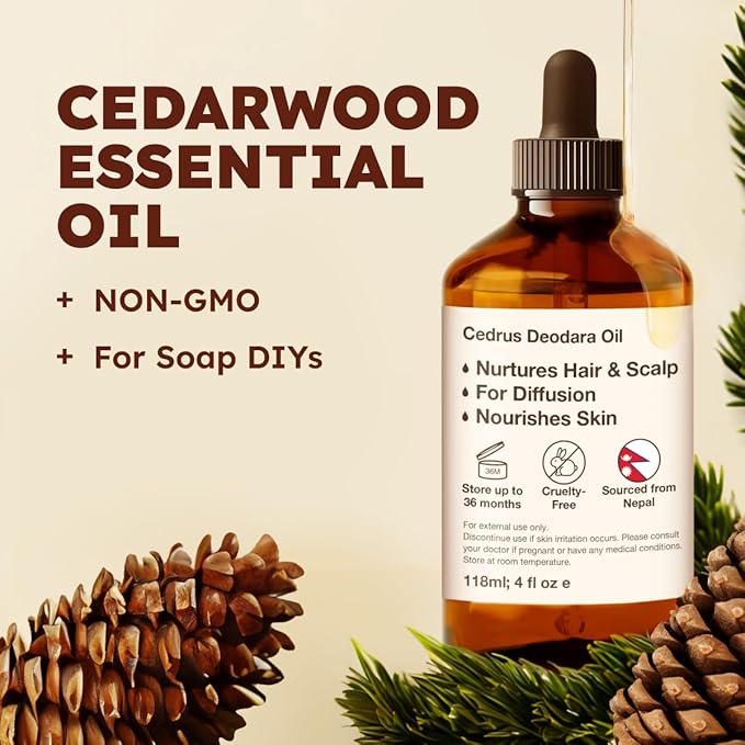KUKKA Cedarwood Essential Oils - 4 Fl Oz - for Hair, Skin, Diffuser, Aromatherapy & DIY Soap Making Scent