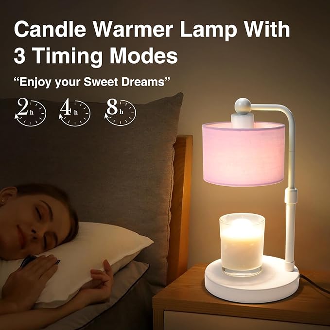 Candle Warmer Lamp with Timer, Dimmable Candle Wax Warmer, Height Adjustable Electric Candle Lamp Warmer with 2 Bulbs, Birthday Gifts for Women Her, Mom Gifts Idea, Vintage Home Decor for Bedroom-Pink